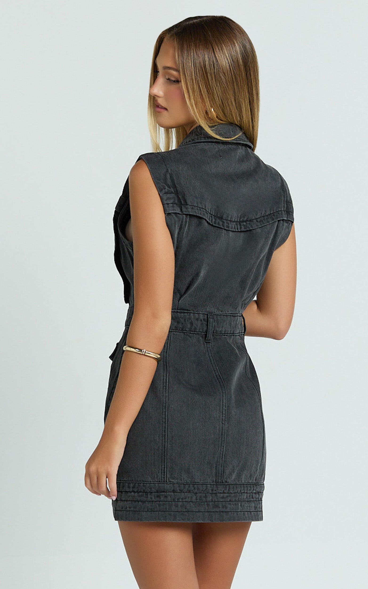 Jasse Mini Dress - Button Through Denim Dress in Washed Black Product Image