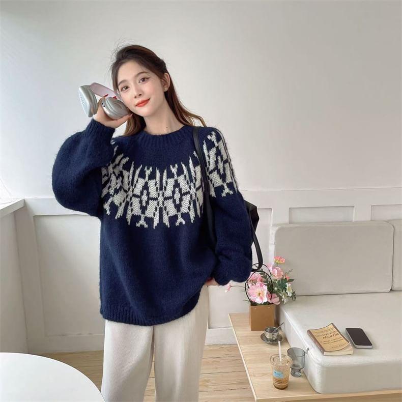 Crew Neck Pattern Jacquard Sweater Product Image