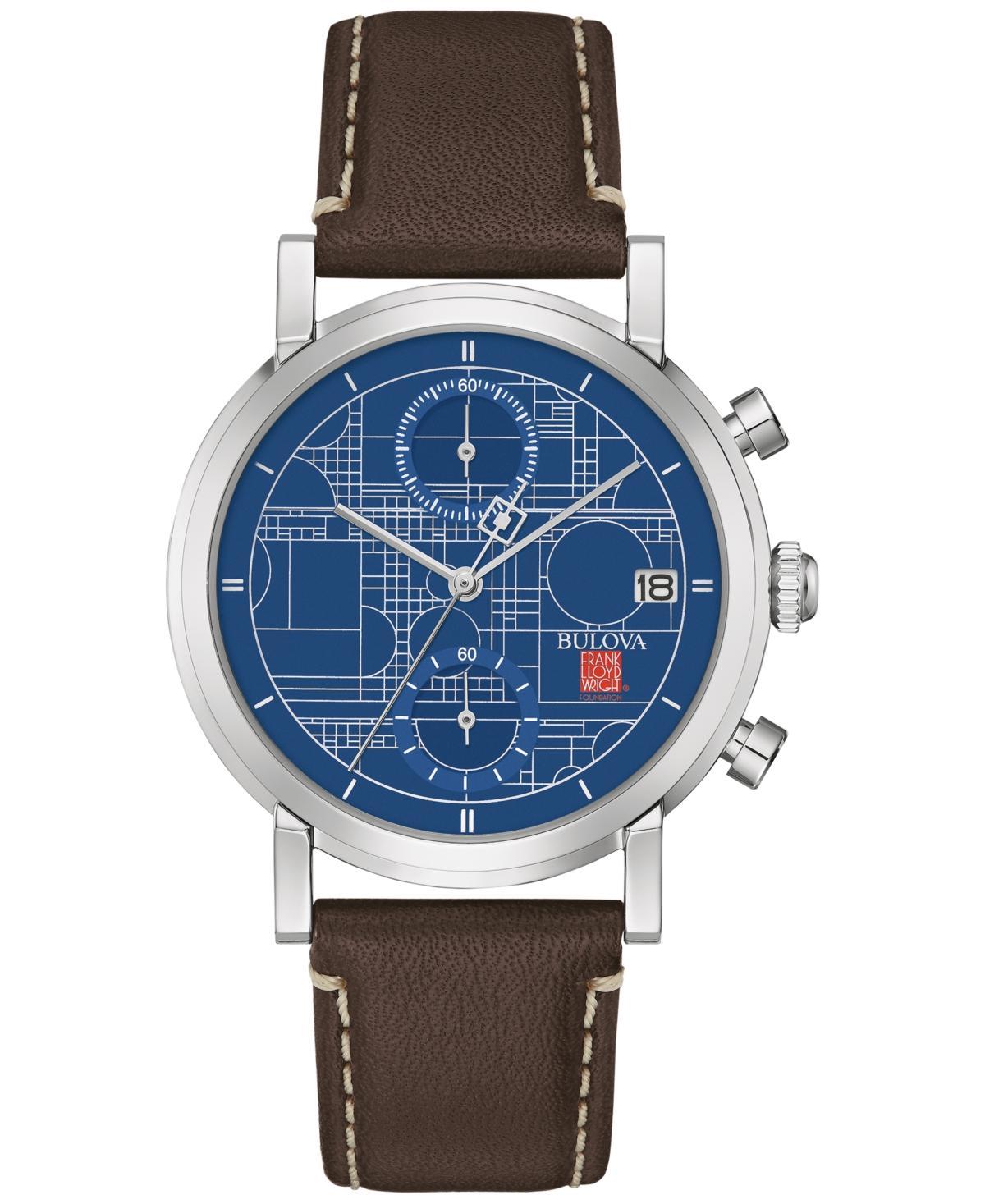 Bulova Mens Chronograph Frank Lloyd Wright Blueprint Brown Leather Strap Watch 39mm Product Image