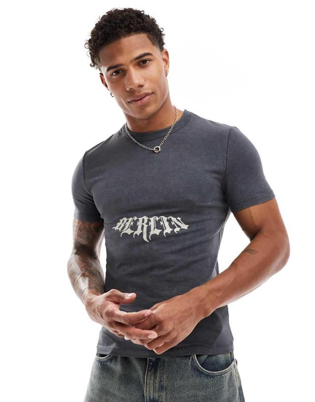 ASOS DESIGN muscle fit t-shirt in washed charcoal with gothic text front print Product Image