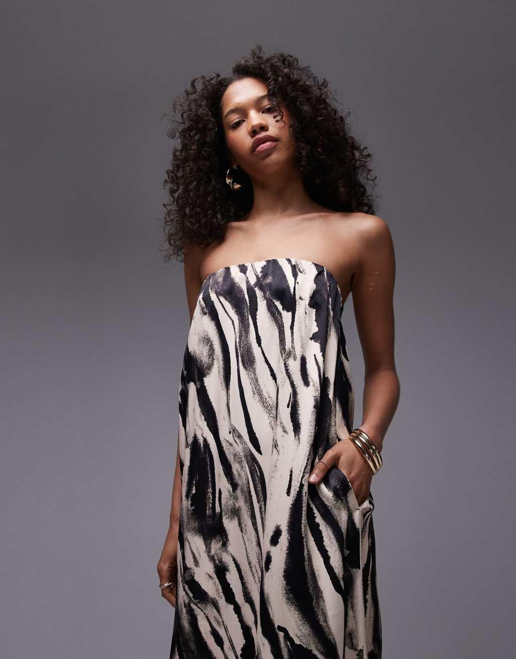 Topshop satin maxi bandeau in mono animal print Product Image