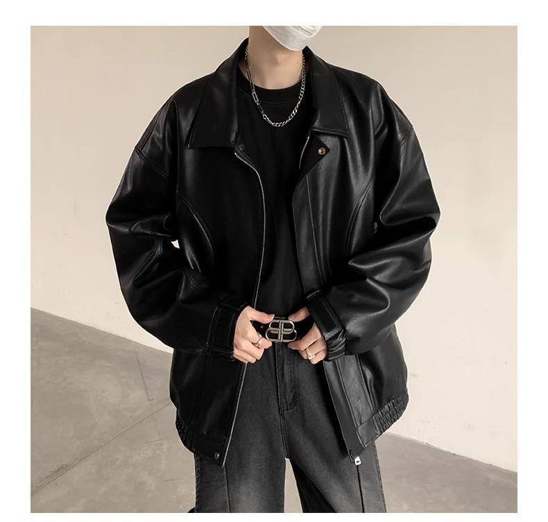 Plain Faux Leather Zip Jacket Product Image