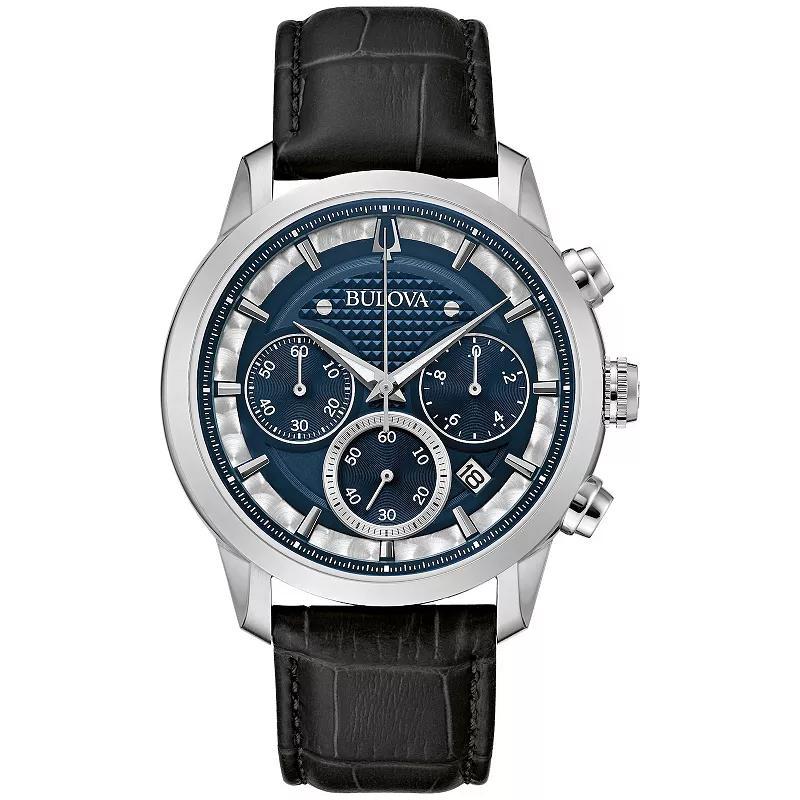 Bulova Mens Stainless Steel Blue Dial Chronograph Black Leather Strap Watch Product Image