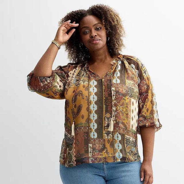 Plus Size Chelsea & Theodore 3/4-Sleeve Ruffle Tie Neck Printed Blouse, Womens Product Image