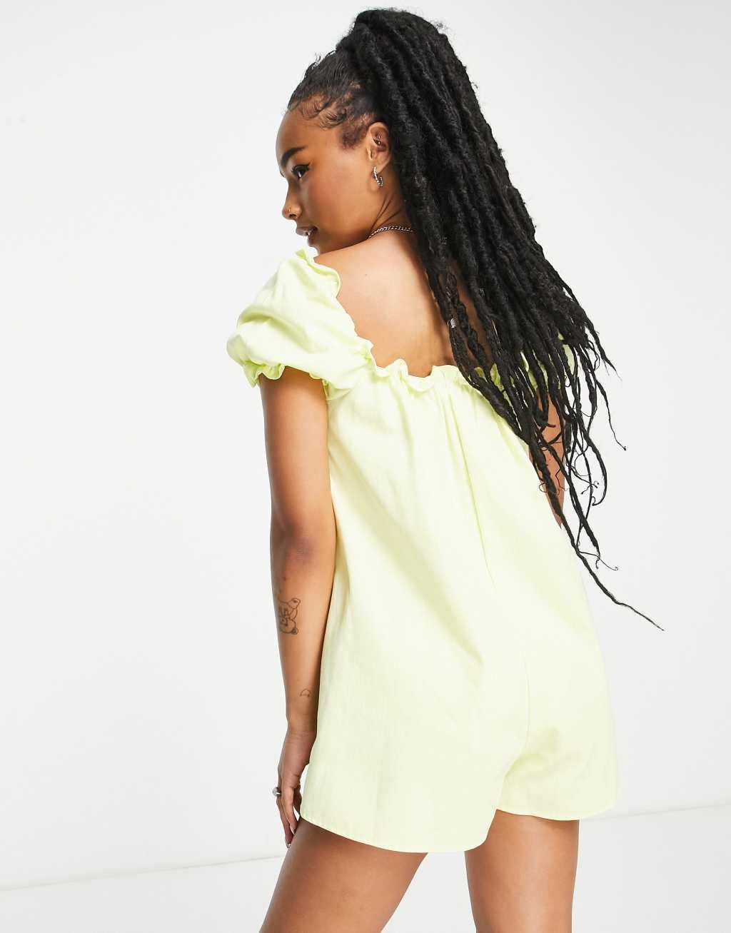 ASOS DESIGN Petite twill puff sleeve smock romper in lemon Product Image