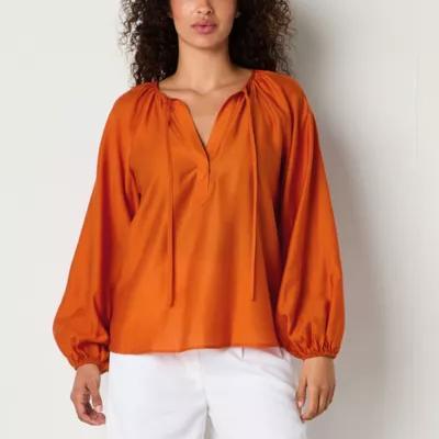 Worthington Womens Split Tie Neck Long Sleeve Blouse Product Image