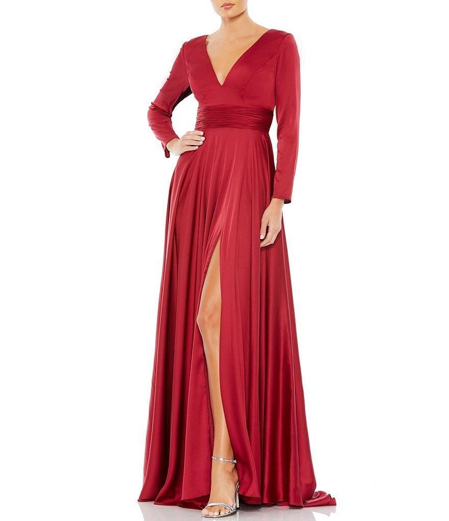 Ieena for Mac Duggal Deep V-Neck 3/4 Sleeve Satin A-Line Thigh High Slit Gown Product Image