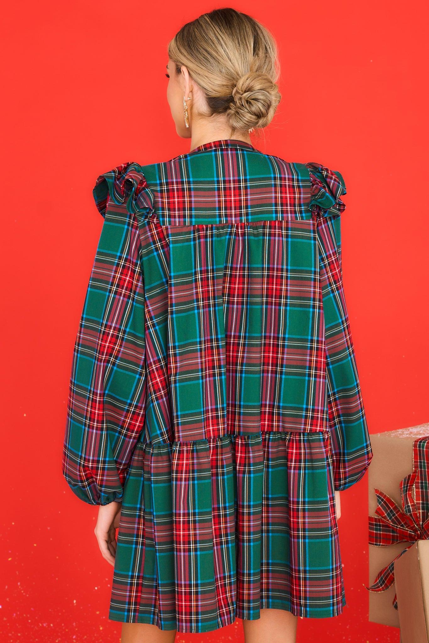 Aura Yuletide Elegance Green Plaid Dress Product Image