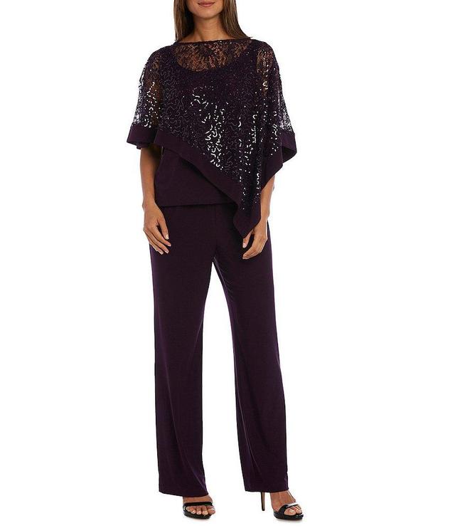 R & M Richards Sequin Lace Poncho 2-Piece Pant Set Product Image