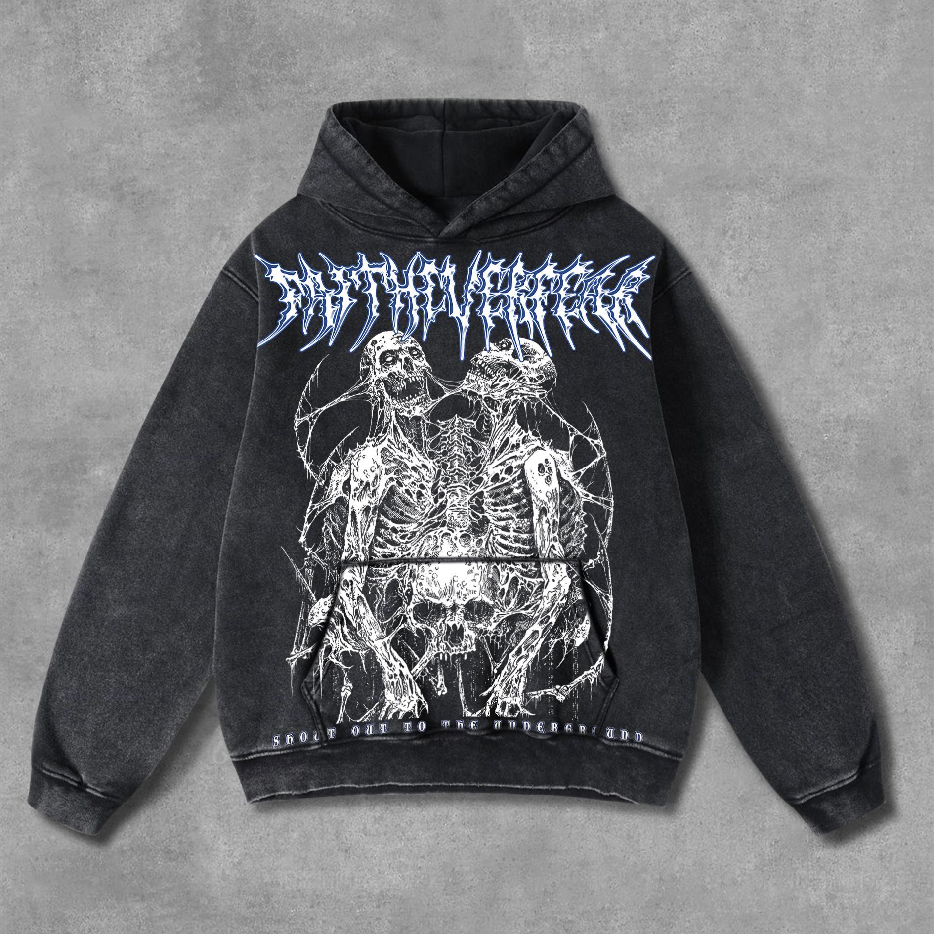 Hellstar Skull Graphics Faith Over Fear Print Washed Distressed Pocket Hoodie Product Image