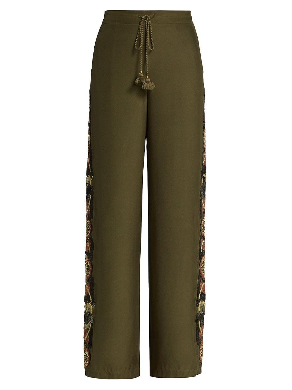 Womens Theodora Floral Embroidered Silk Pants Product Image