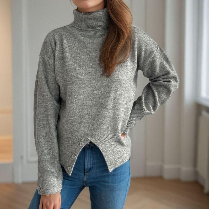 Turtleneck Plain Button Slit Sweater Product Image