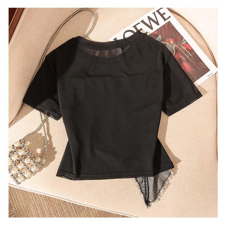 Short-Sleeve Round Neck Mock Two-Piece Asymmetrical Denim Panel Frayed Crop Top Product Image