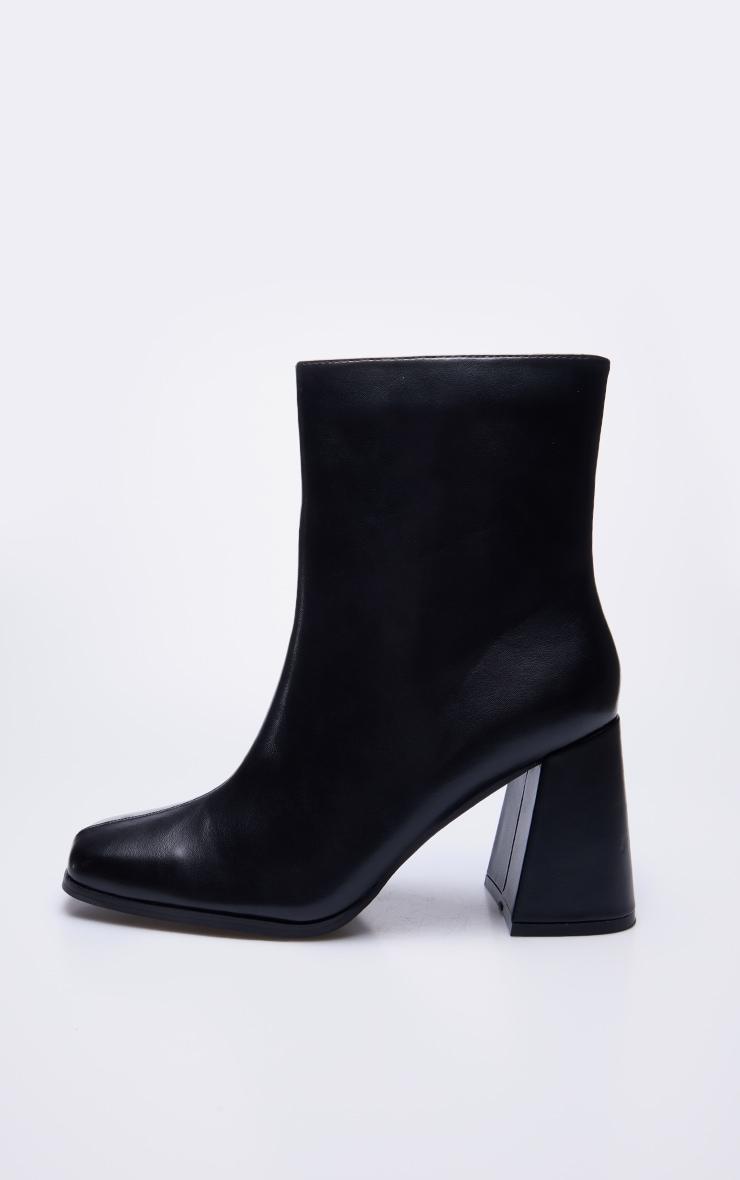 Black Wide Fit PU Square Toe Block Heeled Ankle Boots Product Image