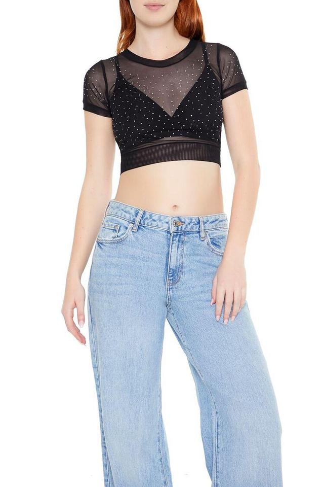 Cropped Mesh Rhinestone Tee | Forever 21 Product Image