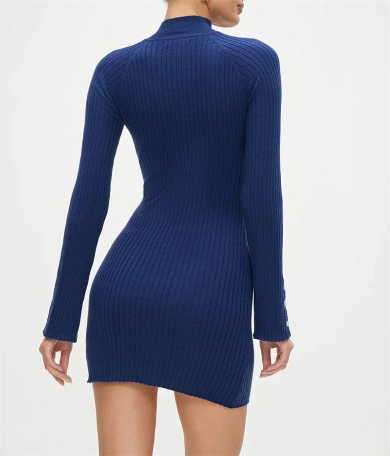 Long Sleeve Mock Neck Plain Ribbed Knit Bodycon Mini Dress Product Image