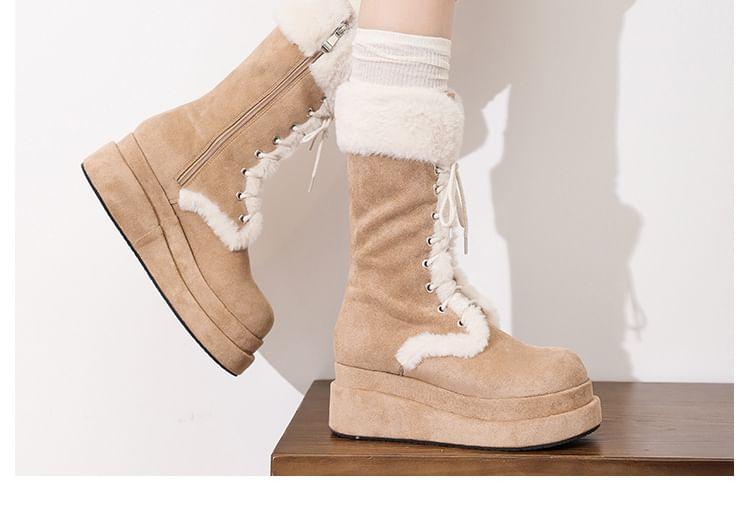 Lace-Up Fleece-Lined Platform Mid-Calf Boots Product Image