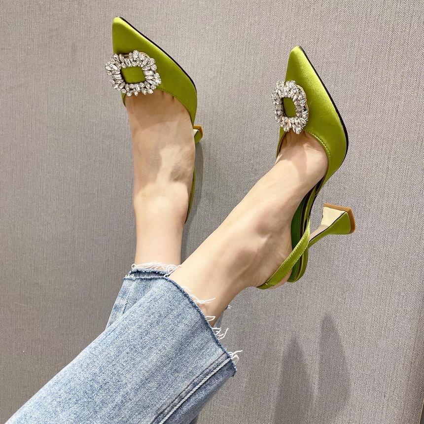 Pointed Toe Rhinestone Buckle Satin Slingback Pumps product image