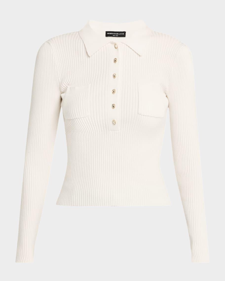 Perry Rib-Knit Rhinestone Polo Sweater product image