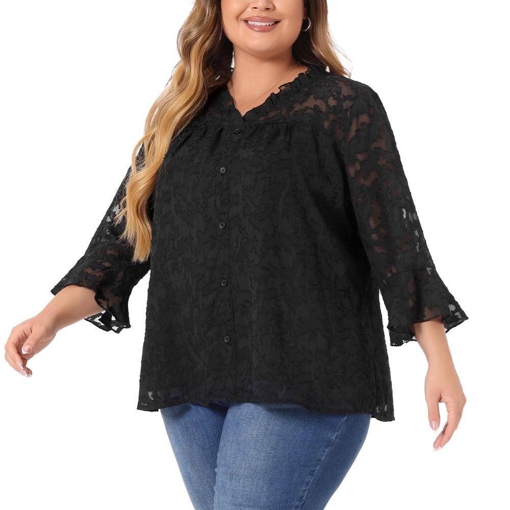 Agnes Orinda Women's Plus Size 3/4 Flare Sleeve V Neck Ruffle Lace Semi Sheer Button Down Shirts Black 4X Product Image