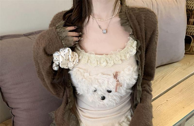 Plain Lace Trim Cardigan / Dog Embroidered Camisole Top / Drawstring Waist Bow Print Wide Leg Pants Product Image