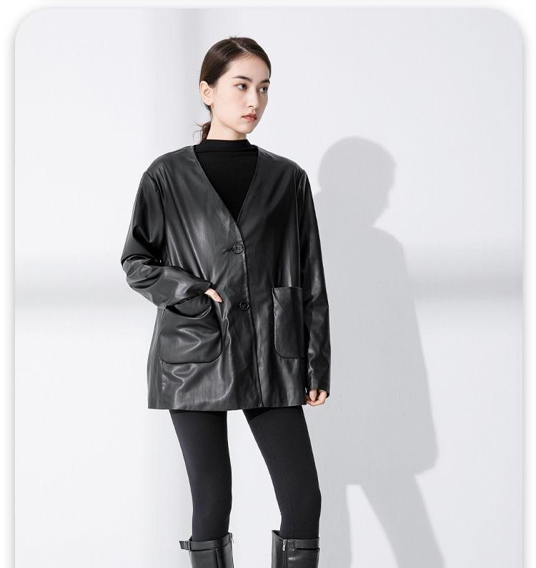 V-Neck Plain Button-Up Faux Leather Jacket Product Image