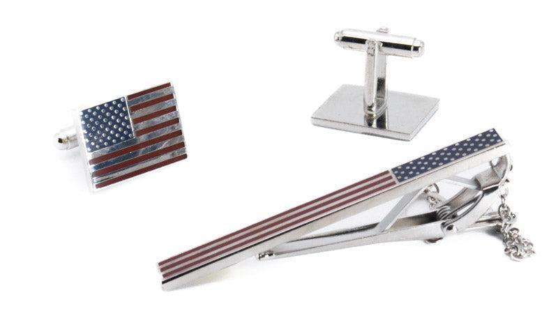 Silver American Flag Men's Accessory Box Cuff Links, Tie Clip 3 Piece Set Male Product Image