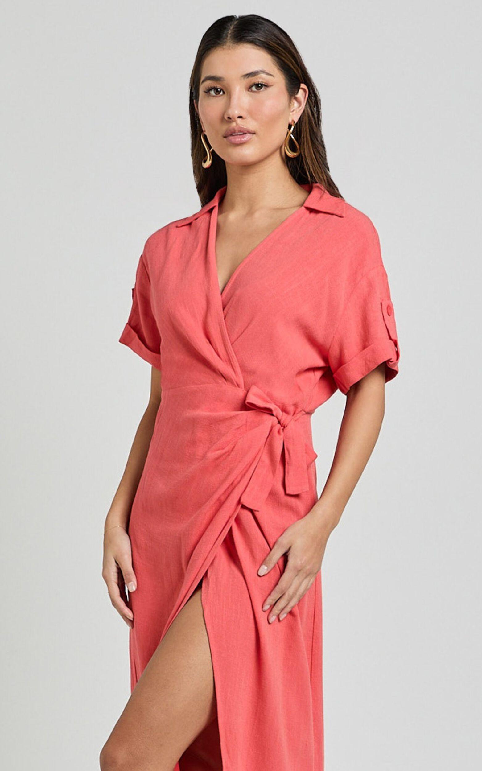 Carina Midi Dress - Linen Blend Short Sleeve Collared Wrap Dress in Orange Product Image