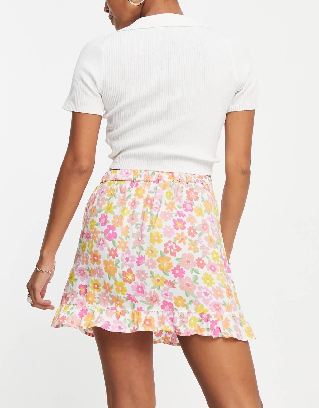 Miss Selfridge Petite split frill hem mini skirt in pink ditsy floral Product Image