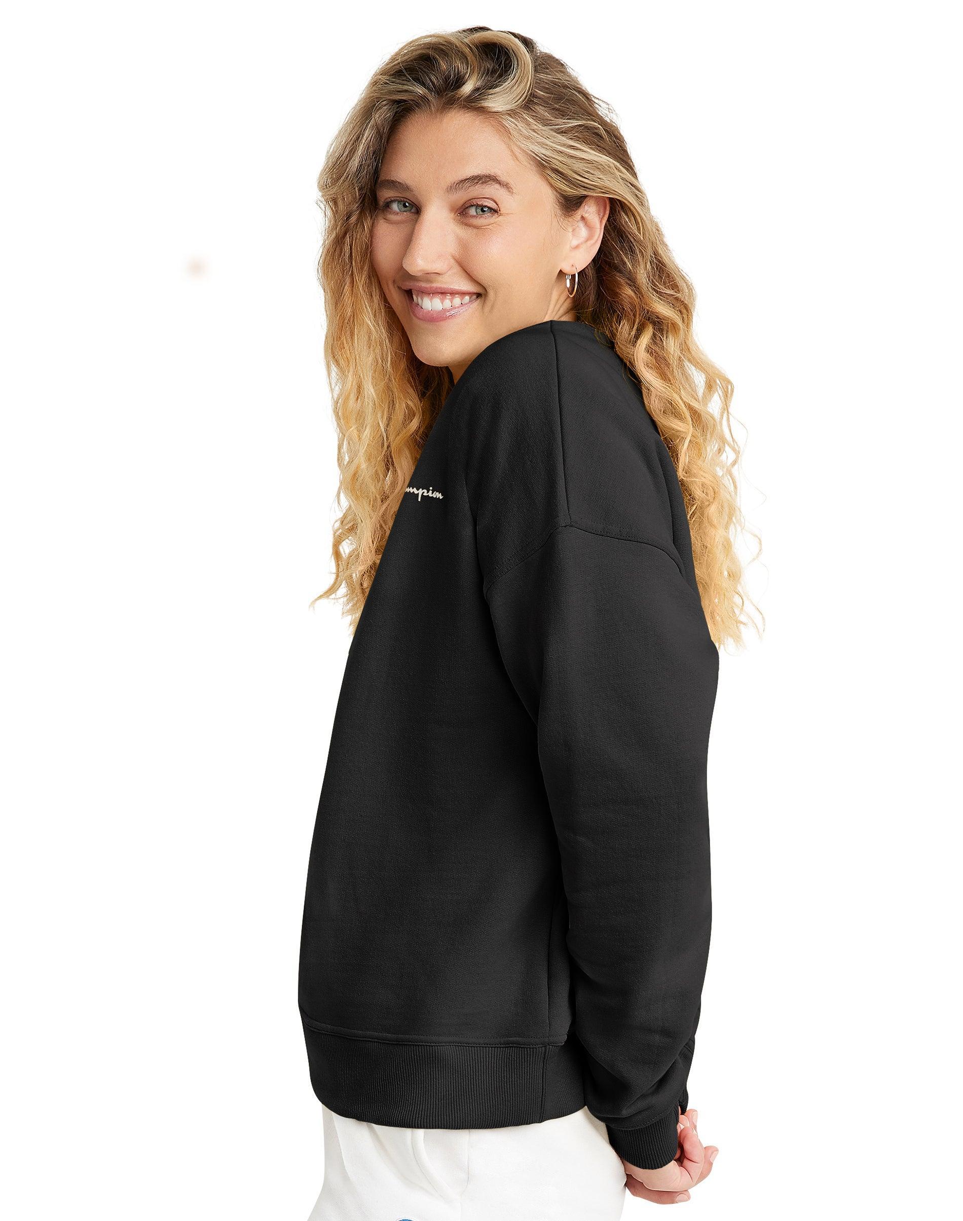 Womens Champion Powerblend Crewneck Sweatshirt, Small Script Logo Black S Product Image