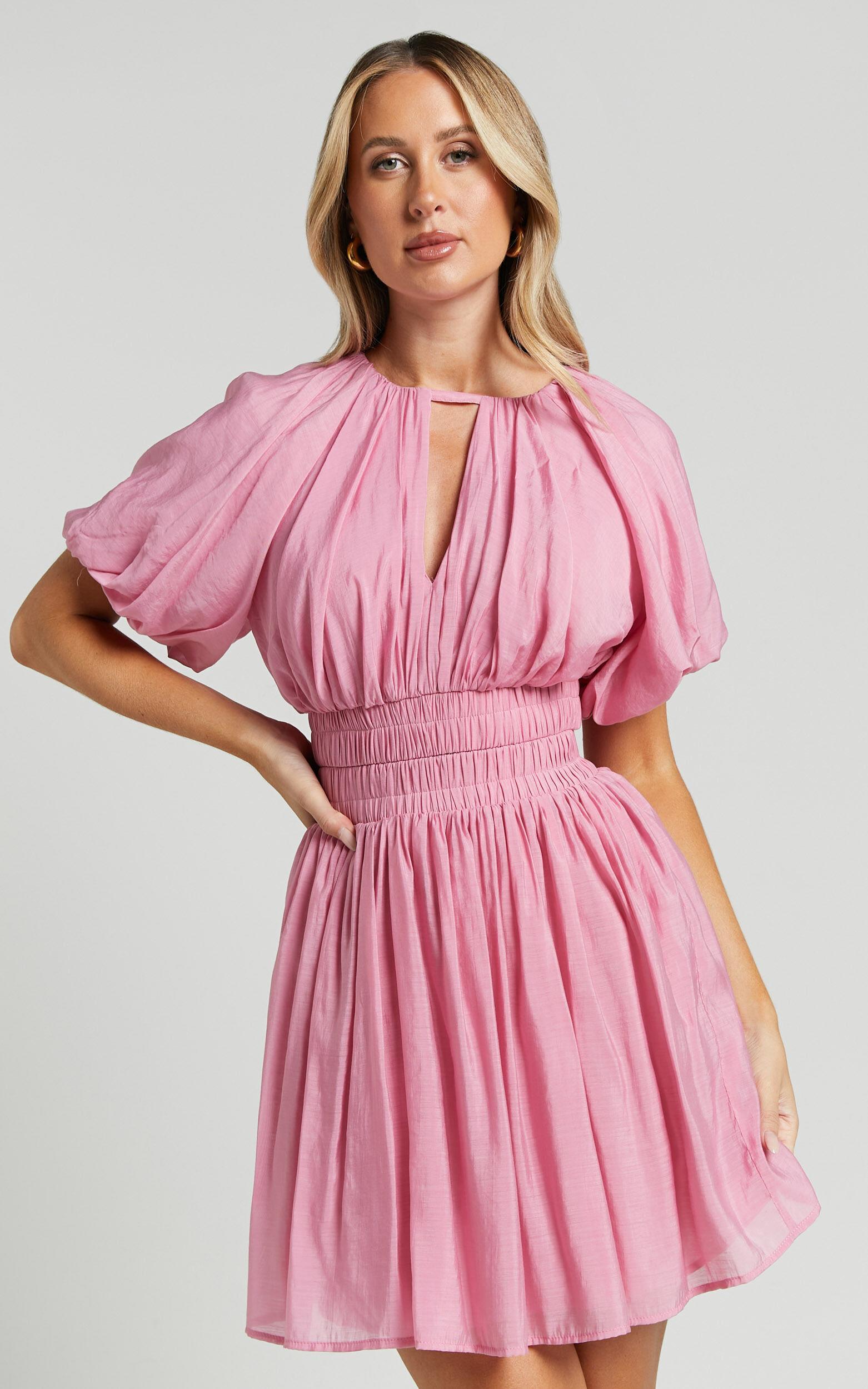 Michalka Mini Dress - Blouson Puff Sleeve Elasticised Waist in Pink Product Image