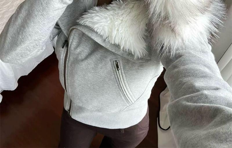 Fluffy Hooded Plain Zip Jacket Product Image