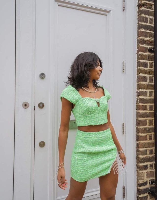 Labelrail x Pose and Repeat mini skirt in green boucle with diamante trim curtain - part of a set Product Image