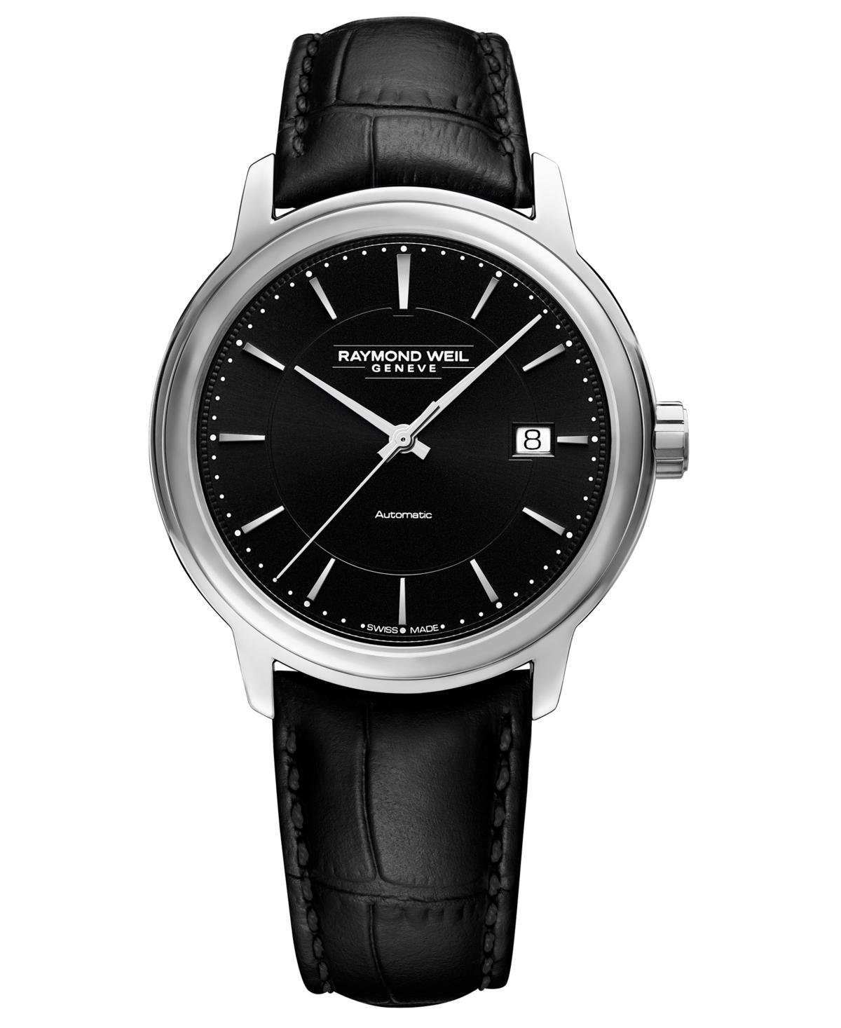 Raymond Weil Mens Swiss Automatic Maestro Black Leather Strap Watch 40mm - Black Product Image