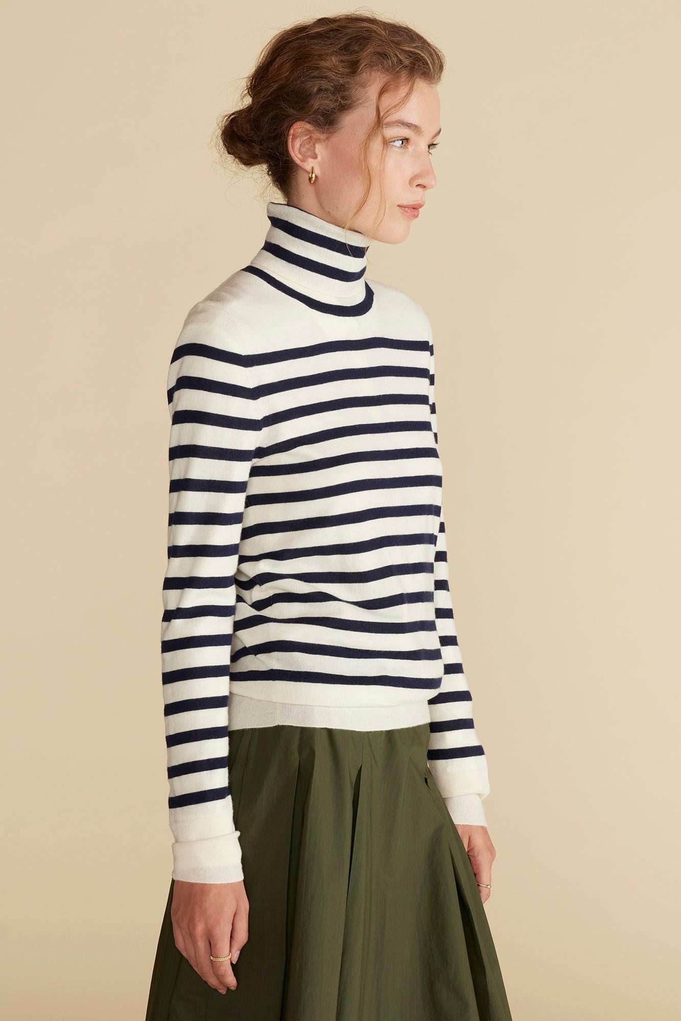 Carrie Turtleneck Cashmere Sweater - Ivory and Navy Blue Stripe Product Image