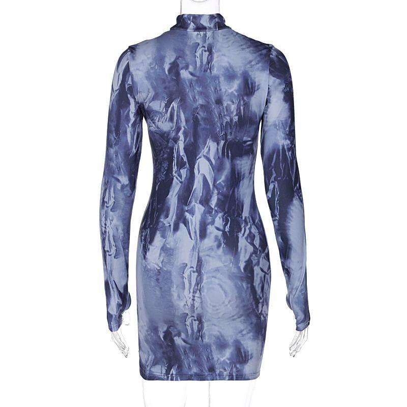 Long-Sleeve Mock Neck Tie Dye Mini Sheath Dress Product Image