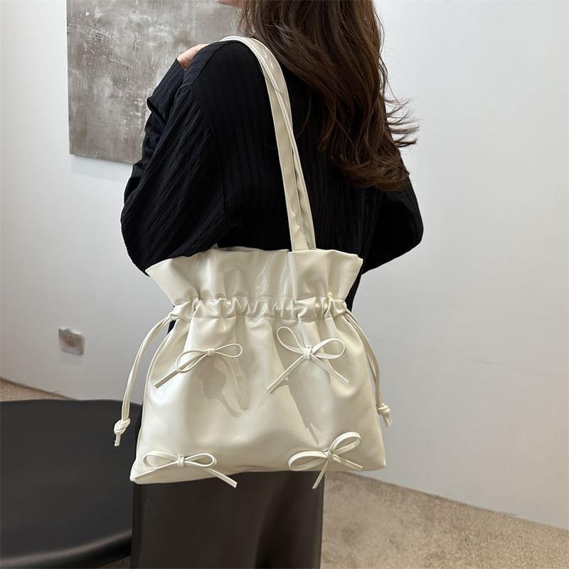 Faux Leather Ribbon Accent Plain Tote Bag Product Image