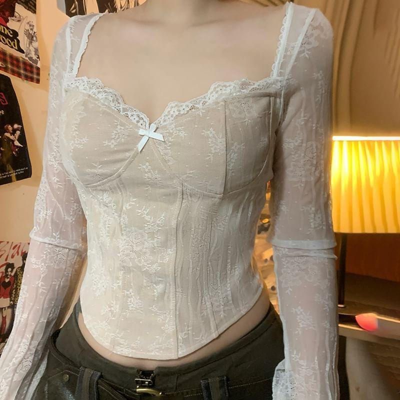 Long-Sleeve Sweetheart-Neckline Lace Trim Crop Top Product Image