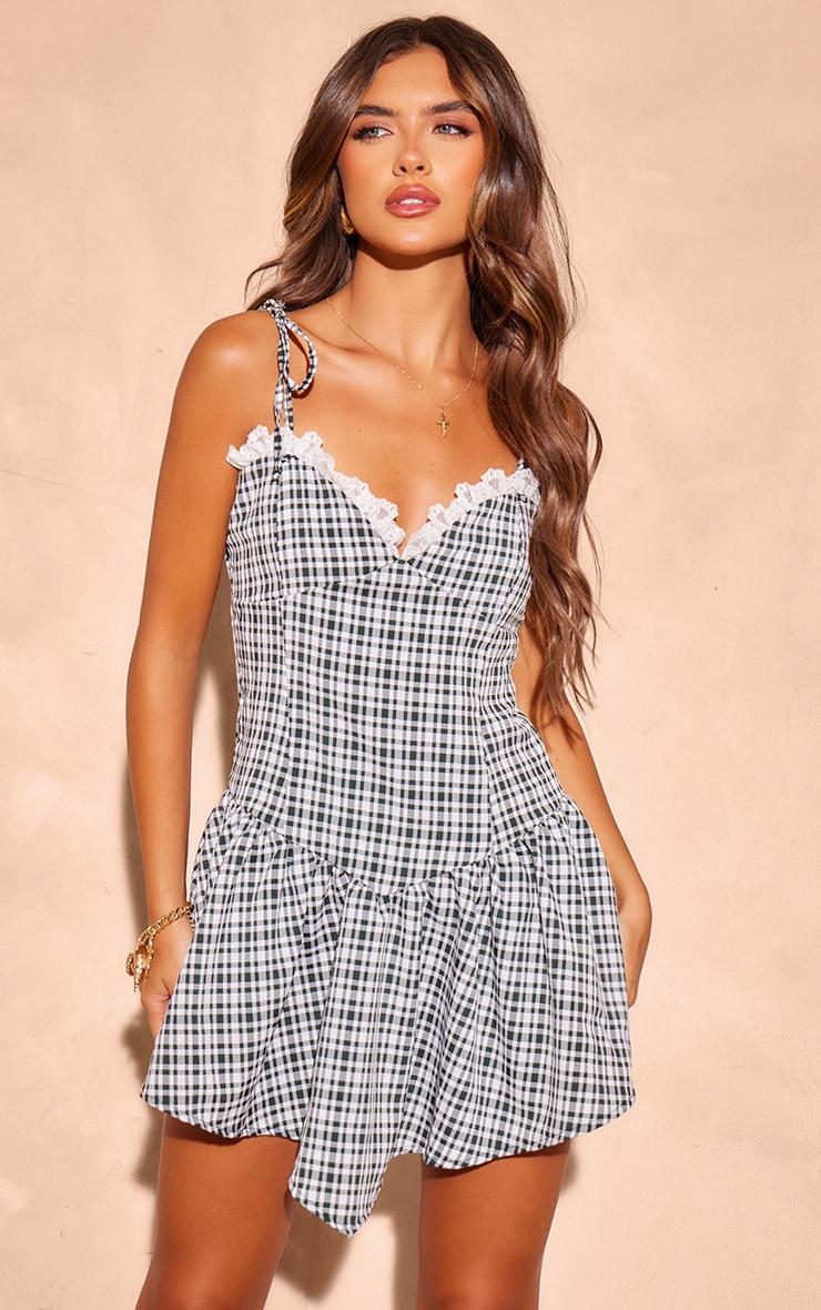 Black Gingham Lace Frill Strappy Shift Dress Product Image