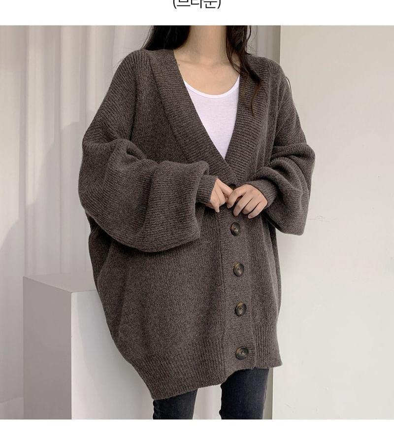 Balloon Sleeve V-Neck Plain Cardigan Product Image