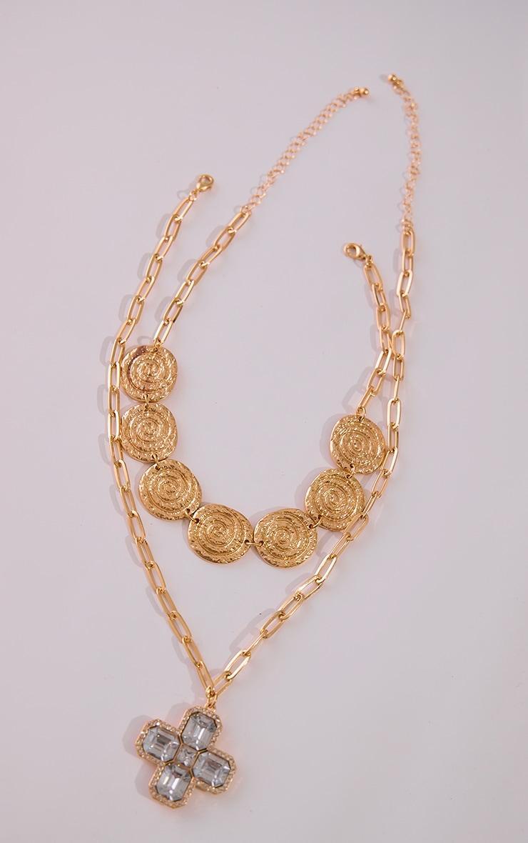 Gold Disk And Jewel Cross Detail Layered Necklace Product Image