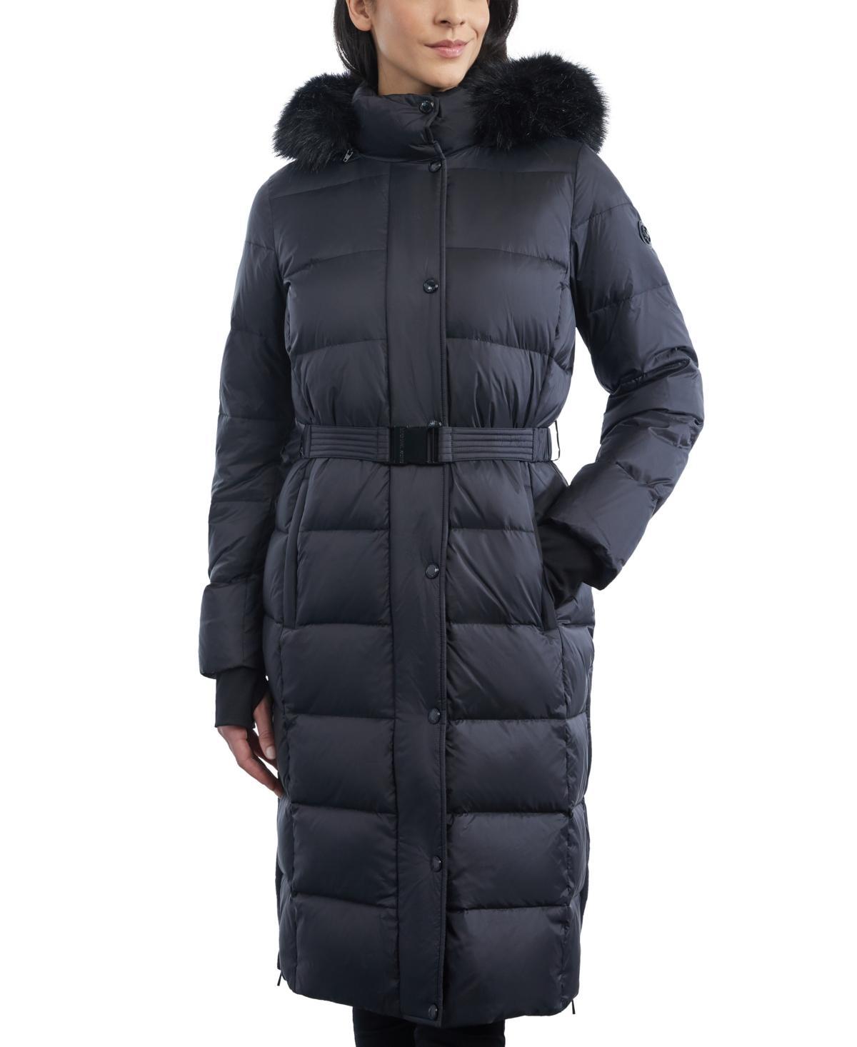 Women's Shine Belted Faux-Fur-Trim Hooded Puffer Coat Product Image