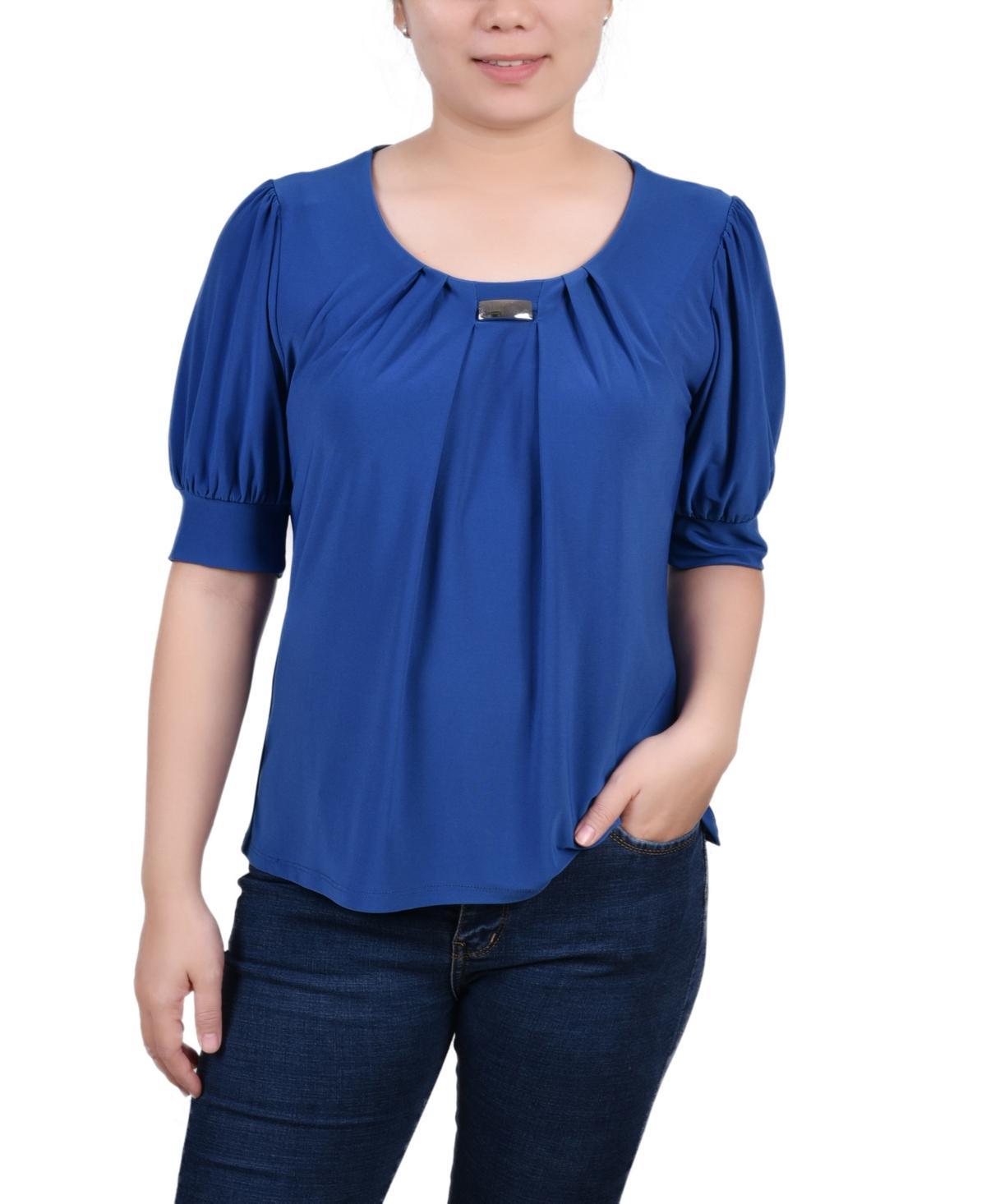 NY Collection Petite Puff Sleeve Pleated Front Blouse -BLUE Product Image