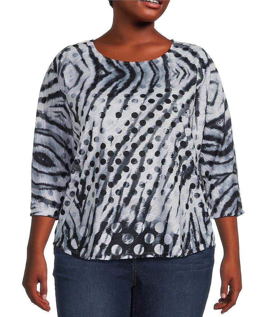 Leo & Nicole Plus Size Abstract Dot Print Textured Knit Crew Neck 3/4 Dolman Sleeve Hi-Low Top Product Image