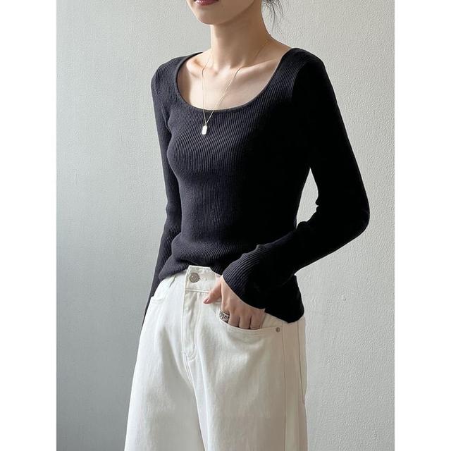 Long-Sleeve Square Neck Ribbed Knit Top Product Image