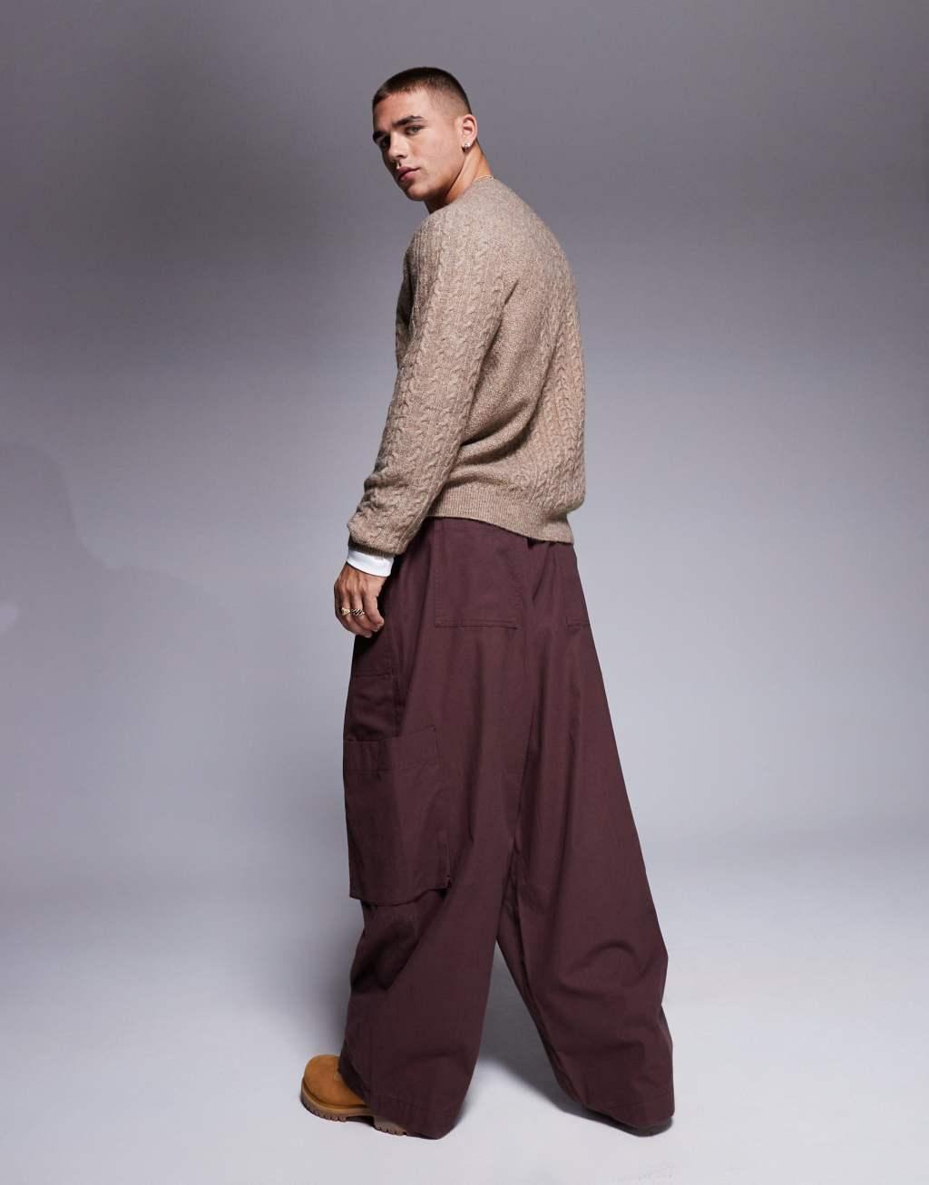 ASOS DESIGN oversized balloon cargo pants with elasticated waist in brown Product Image