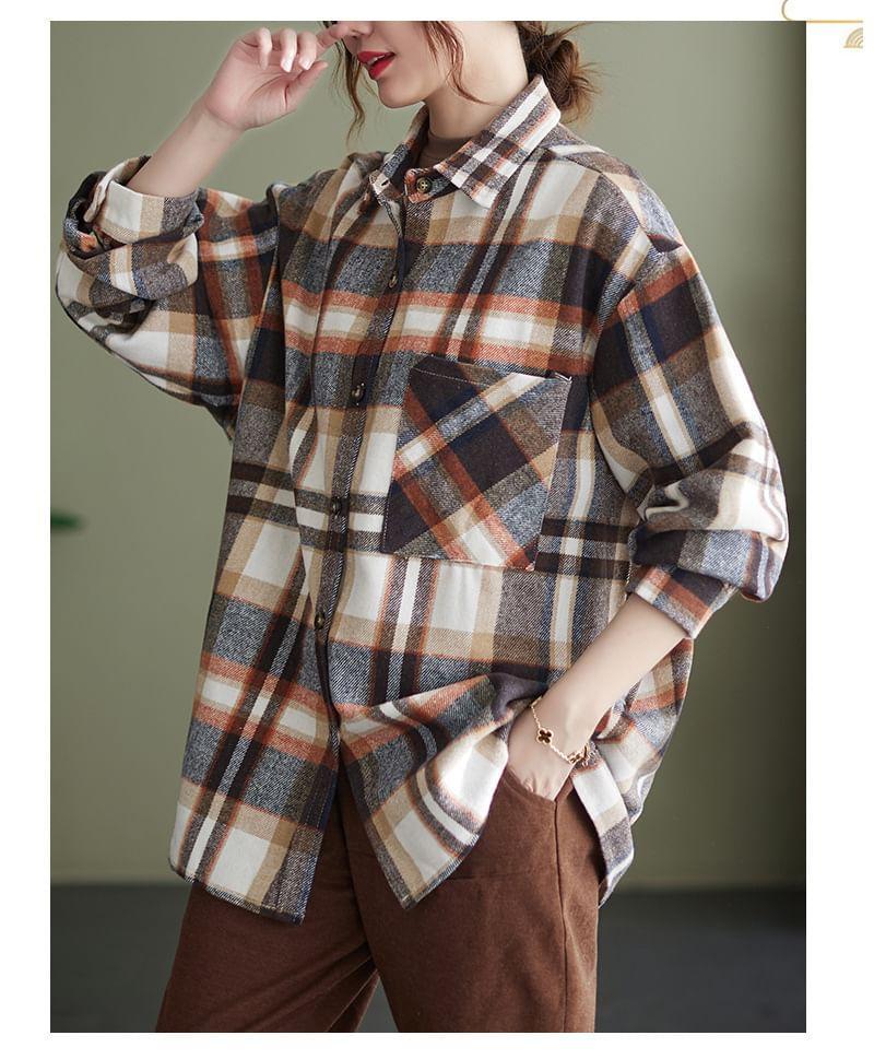 Long-Sleeve Plaid Pocket Detail Shirt Product Image