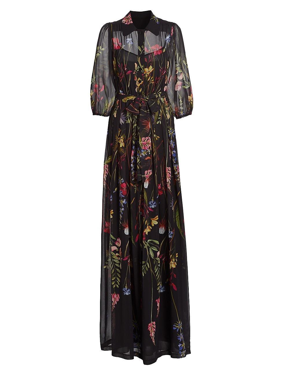 Blouson-Sleeve Floral-Print Chiffon Shirt Gown Product Image