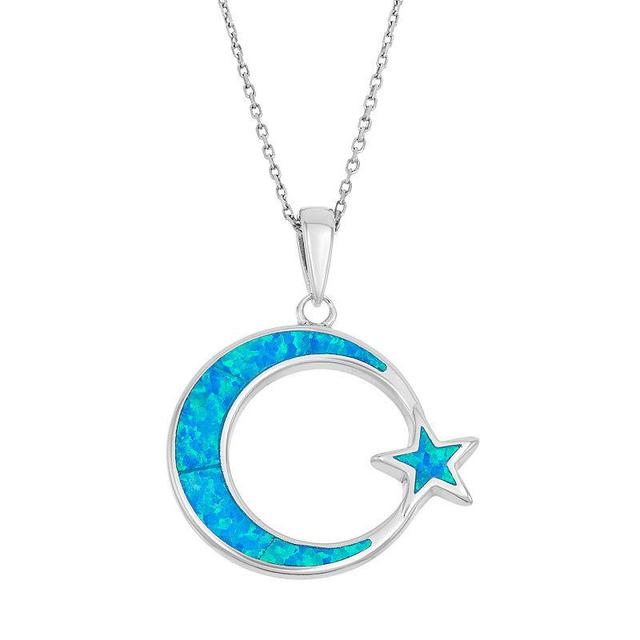 Lab-Created Blue Opal Sterling Silver Moon & Star Pendant Necklace, Womens Product Image