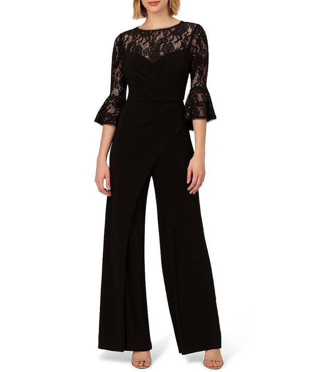 Adrianna Papell Jersey Lace Crew Neck Elbow Sleeve Ruffle Cuff Straight Leg Jumpsuit Product Image